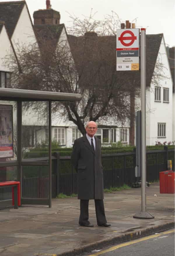 Sir William Macpherson visiting the bus stop in Eltham, south London, where Stephen Lawrence was attacked.