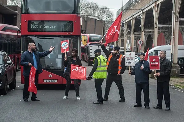 Bus drivers on strike in Shepherds Bush, west London