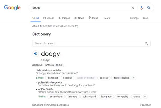 What happens when you Google search 'dodgy'.