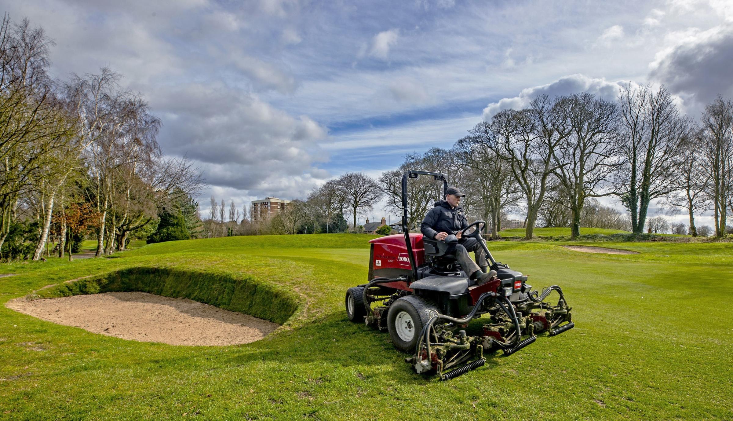 Green Keepers at Allerton Manor golf course in Liverpool prepare the course ahead of reopening on March 29 when further restrictions are eased in England’s third national lockdown Picture: PETER BYRNE/PA