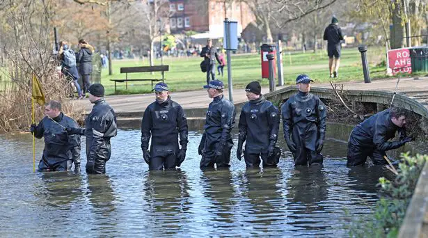 Police searching Mount Pond on Clapham Common on Tuesday (March 9)