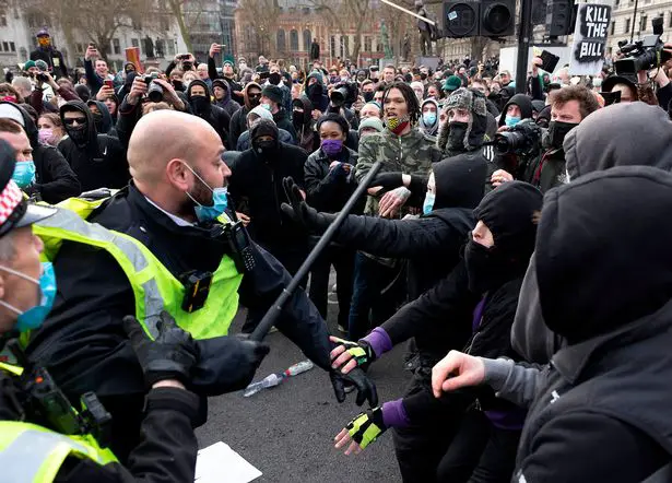 Police officers were seen swinging their batons in Parliament Square